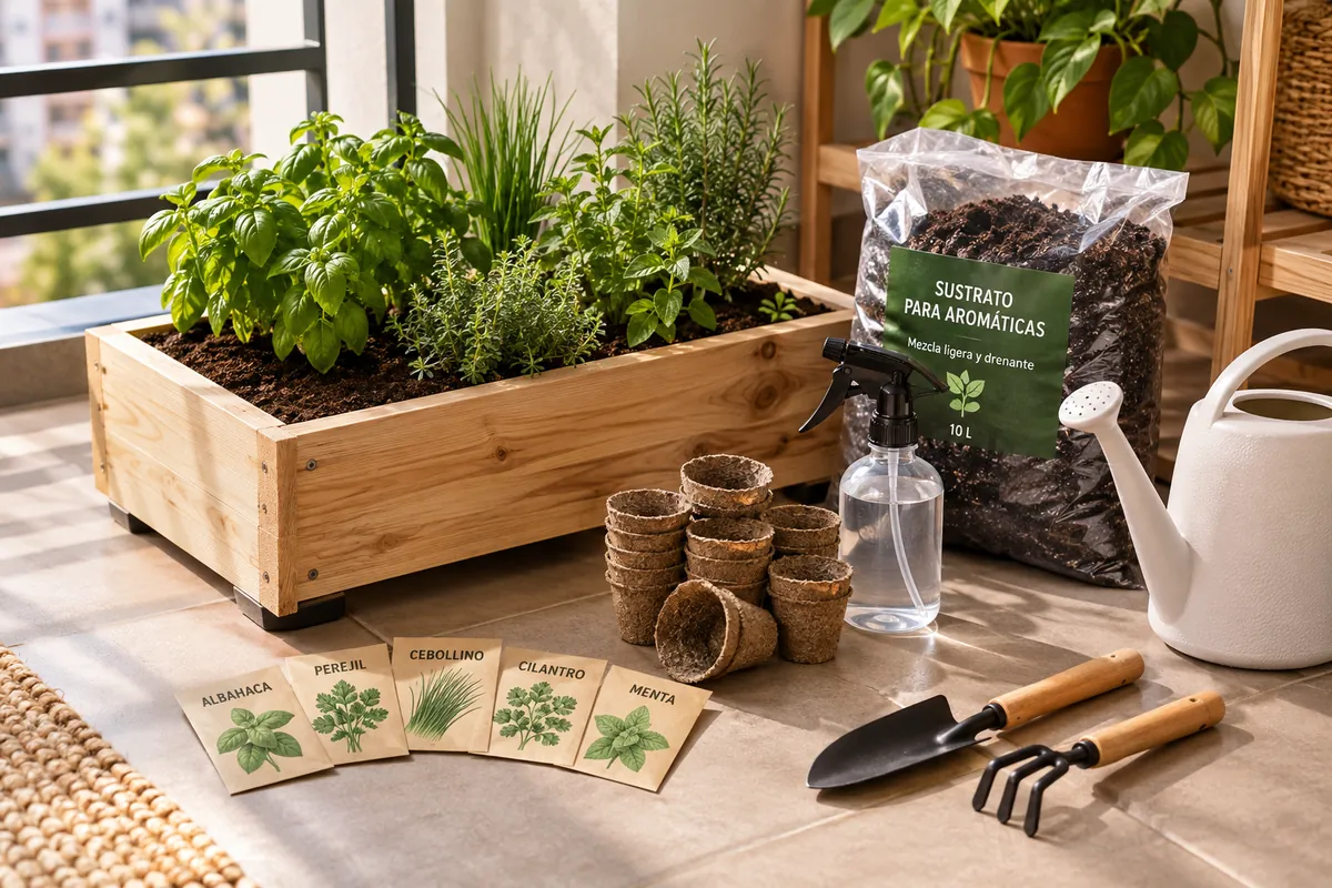 Jardinera de madera con albahaca, perejil, menta y otras hierbas aromáticas, junto a sustrato, semillas, macetas biodegradables y herramientas