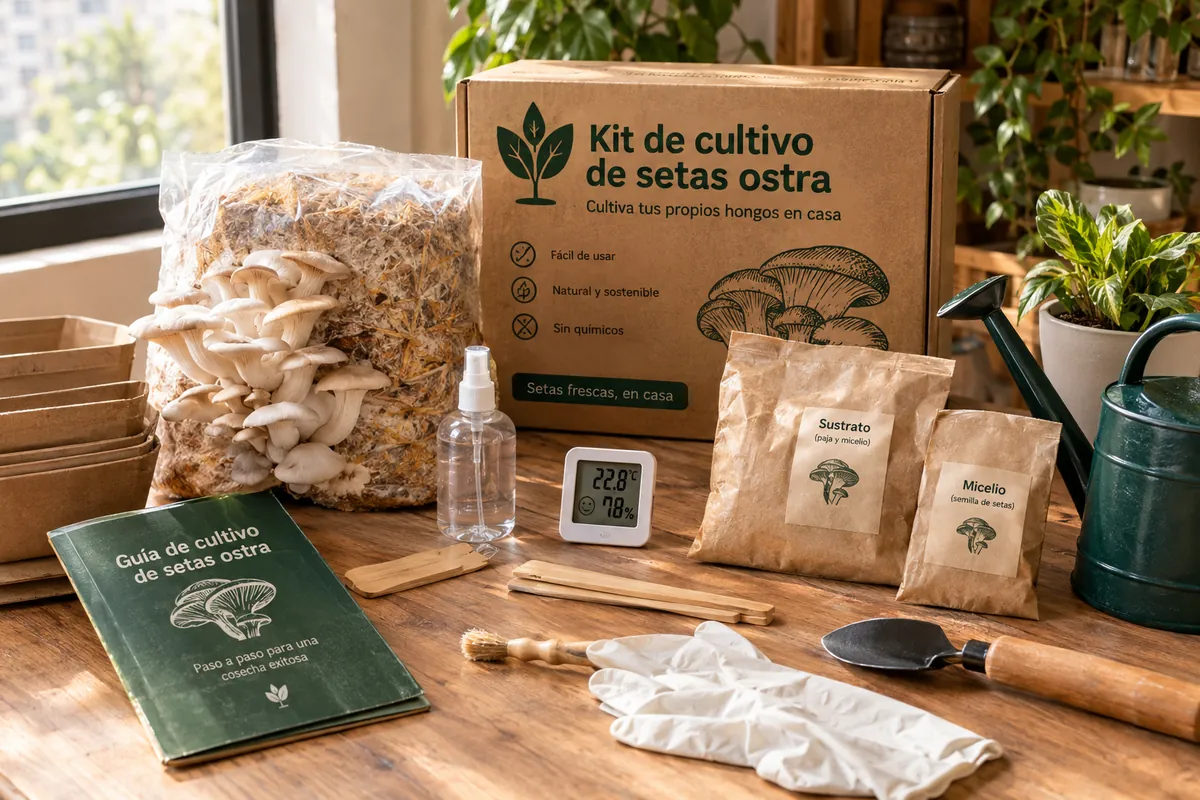 Kit de cultivo de setas ostra con un bloque de sustrato con setas, pulverizador, higrómetro y guía de cultivo